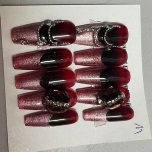 Red Black Ombre Press On Nails Long Coffin Pink Glitter Charms Goth Y2K
